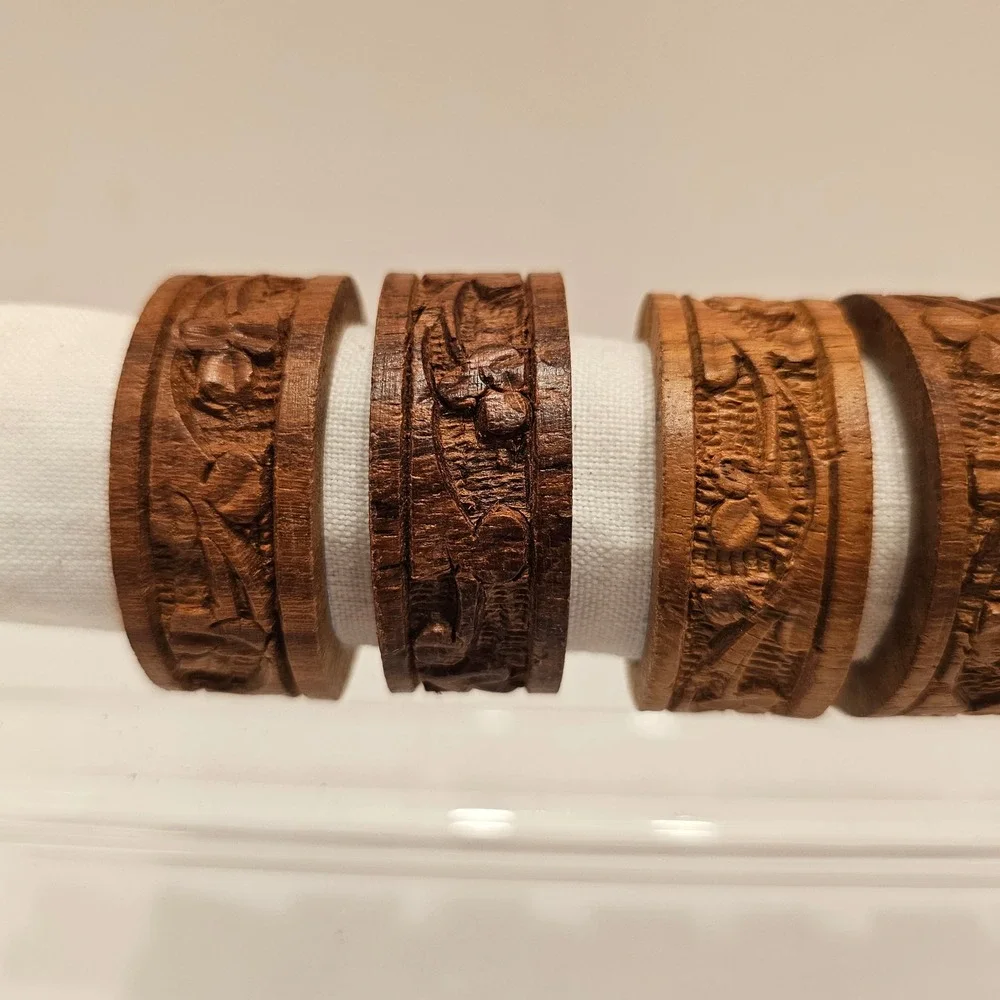 Vintage Hand Carved Wood Napkin Rings Set of 7 Floral Brown Rustic Boho Decor